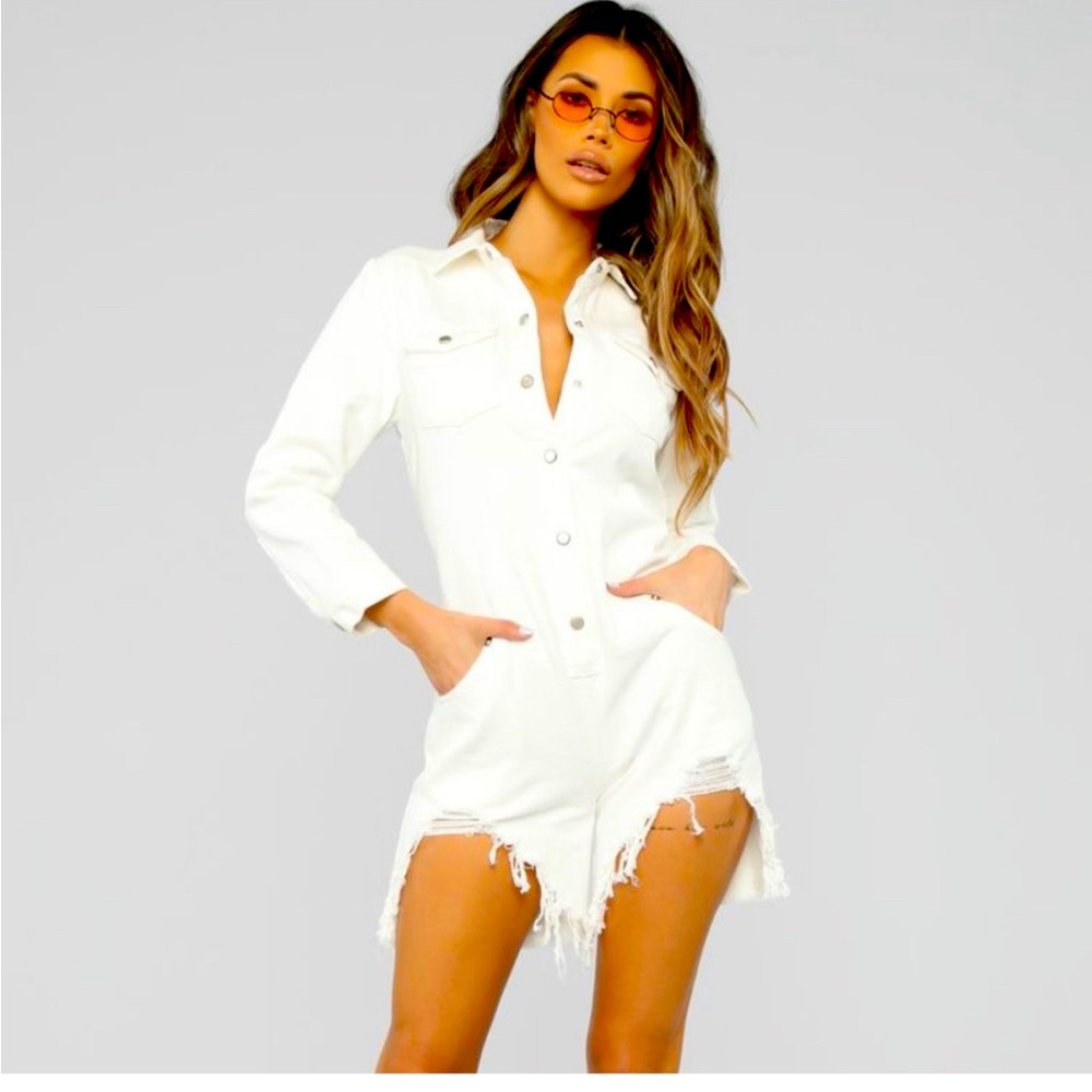 Back in my life long sleeve white denim romper
